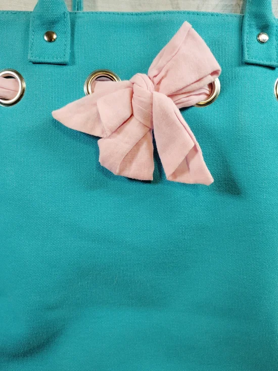 Ralph Lauren Teal Shoulder Tote with Pink Bow Accent - Picture 2 of 5